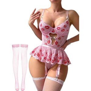 Women's Pink Lip Print Lace Bodysuit Underwire Babydoll Lingerie Set Garter Belt